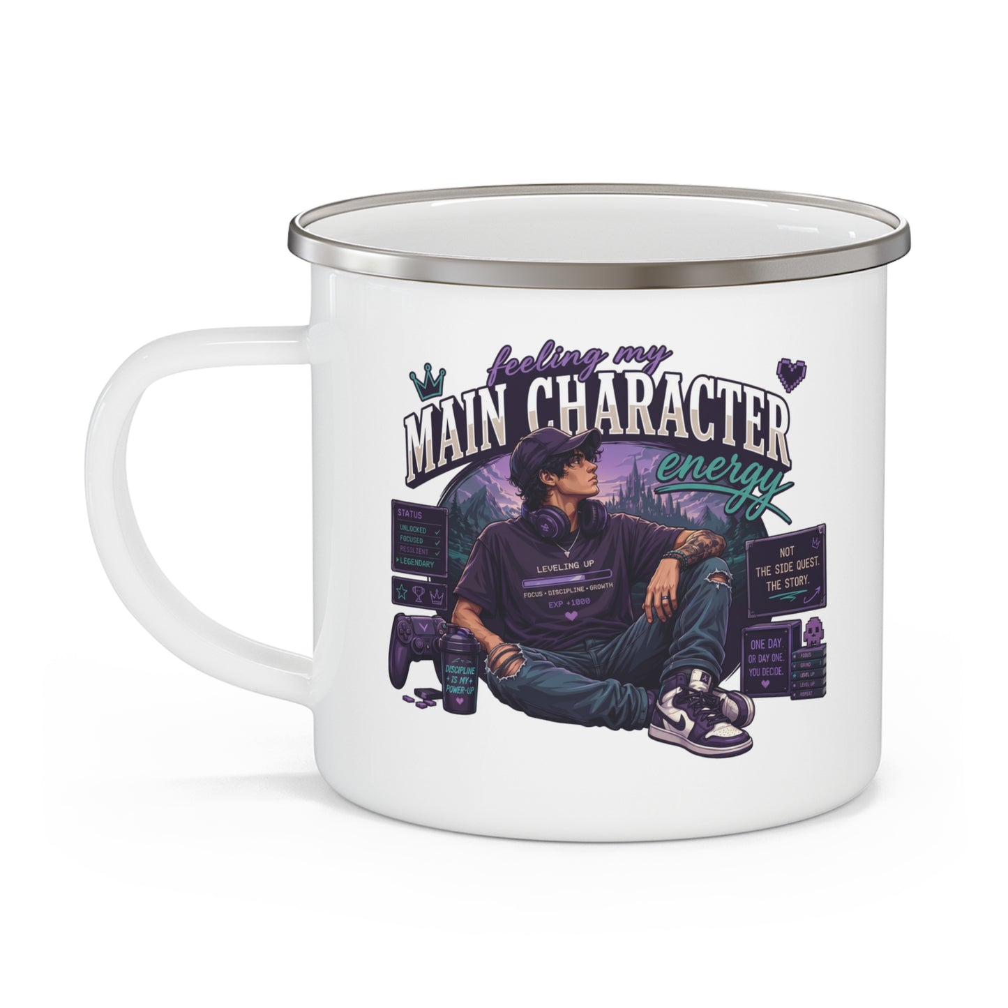 Enamel Camping Mug — "Feeling My Main Character Energy" Guy Graphic