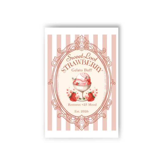 Sweet Loot Strawberry Gelato Buff Postcards, Gamer Food Stationery,