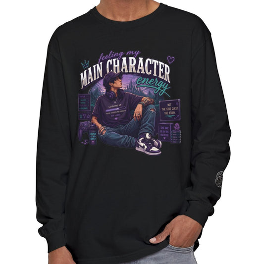 Feeling My Main Character Energy Long Sleeve Shirt, Guy Gamer Graphic Tee, Cozy Gaming Shirt, Unisex Streetwear, Motivational Gaming Gift