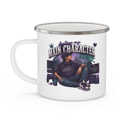 Enamel Camping Mug — "Feeling My Main Character Energy" Guy Graphic