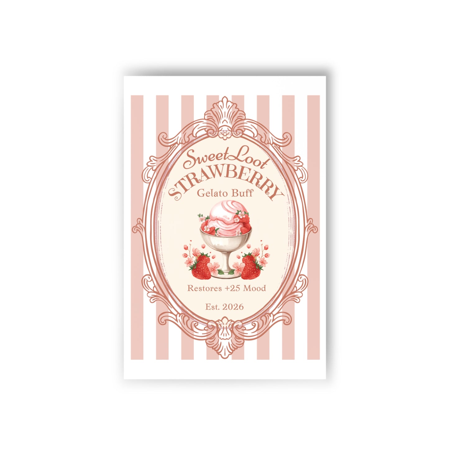 Sweet Loot Strawberry Gelato Buff Postcards, Gamer Food Stationery,
