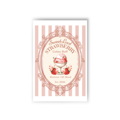 Sweet Loot Strawberry Gelato Buff Postcards, Gamer Food Stationery,