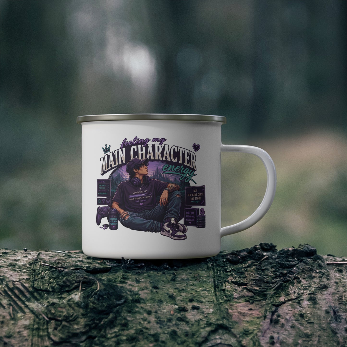 Enamel Camping Mug — "Feeling My Main Character Energy" Guy Graphic