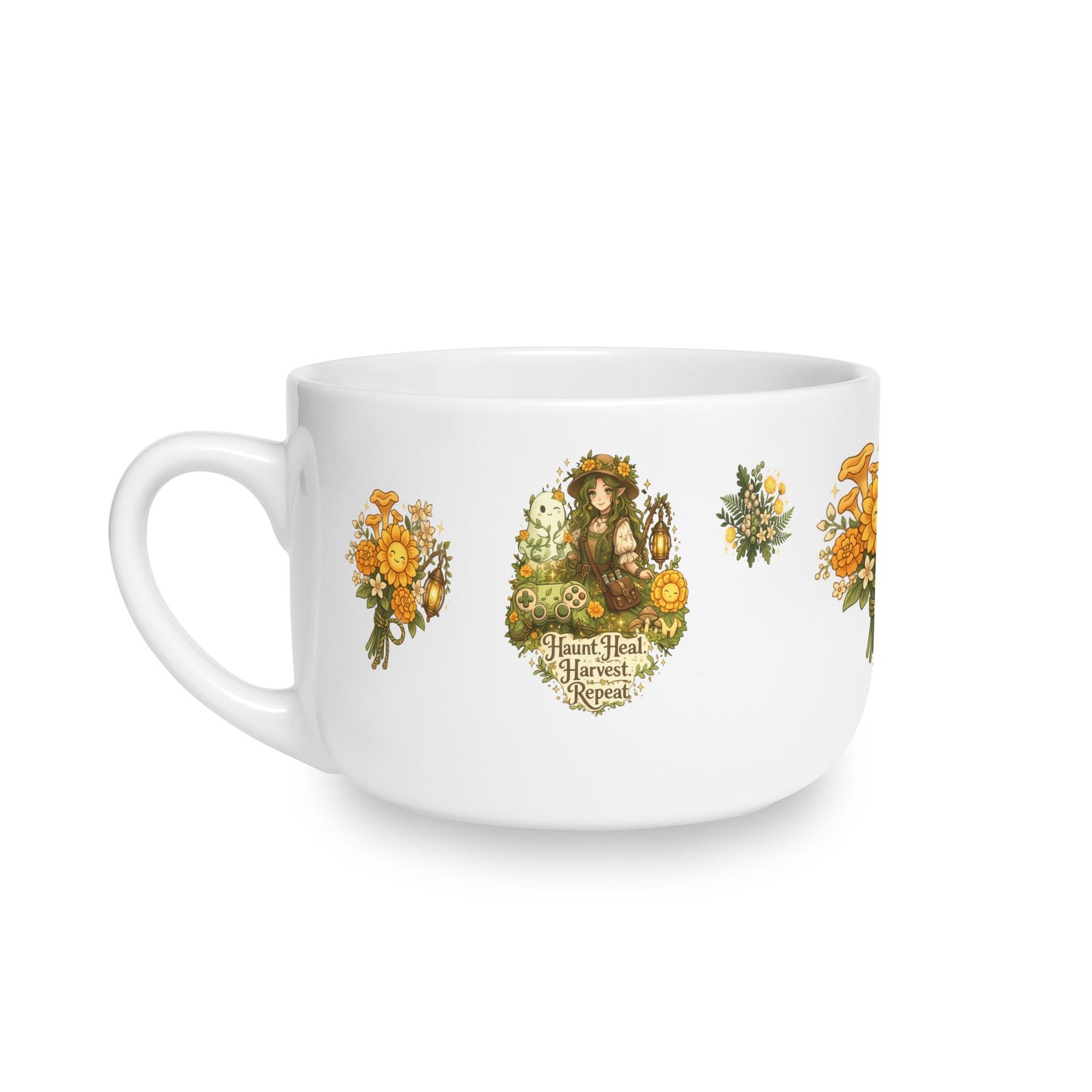 Haunt Heal Harvest Repeat 25oz Ceramic Mug | Cozy Autumn Gamer Mug, Sunflowers & Lanterns