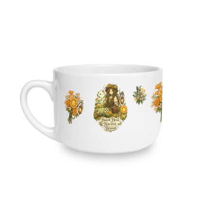 Haunt Heal Harvest Repeat 25oz Ceramic Mug | Cozy Autumn Gamer Mug, Sunflowers & Lanterns