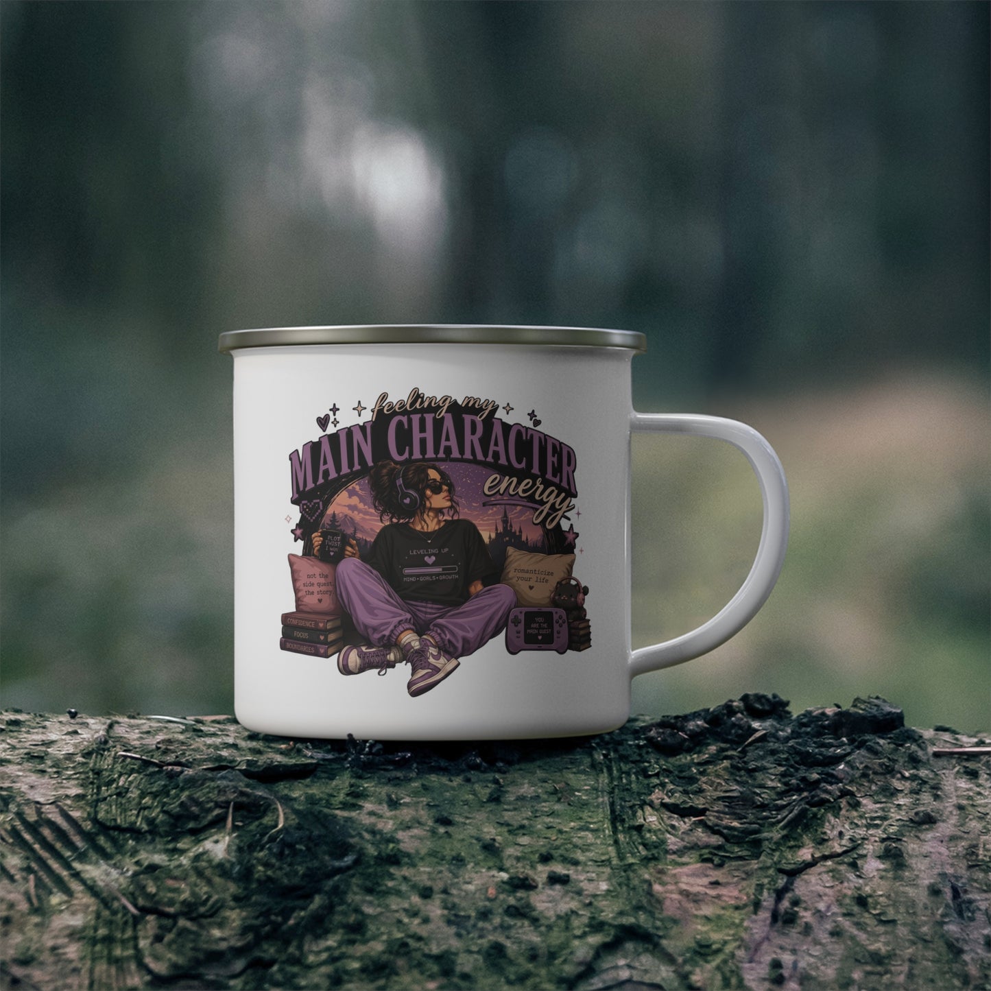Enamel Camping Mug — "Feeling My Main Character Energy" Female Graphic