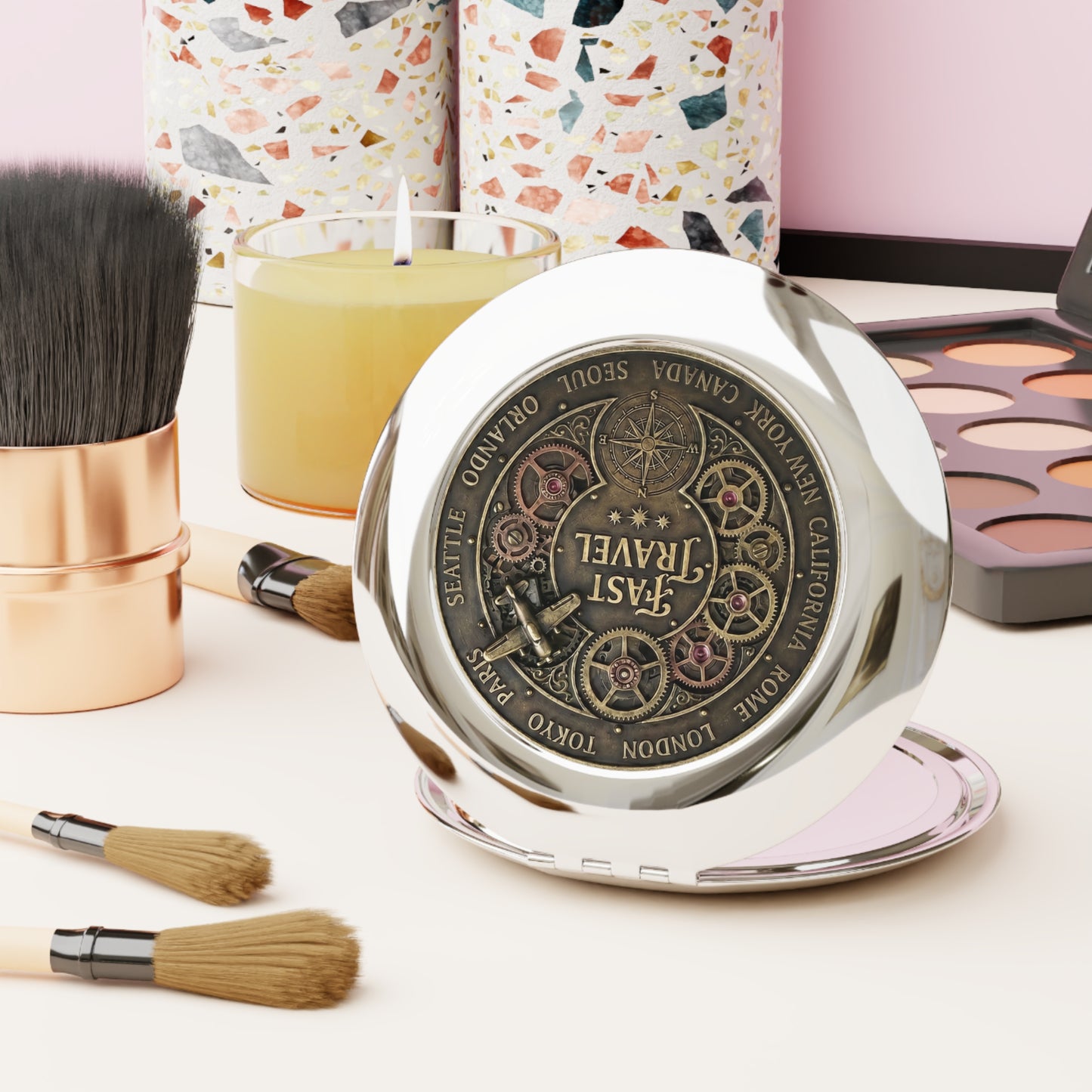 Fast Travel Destination Selector Compact Mirror | Steampunk Gamer Travel Mirror | RPG Inspired Pocket Mirror