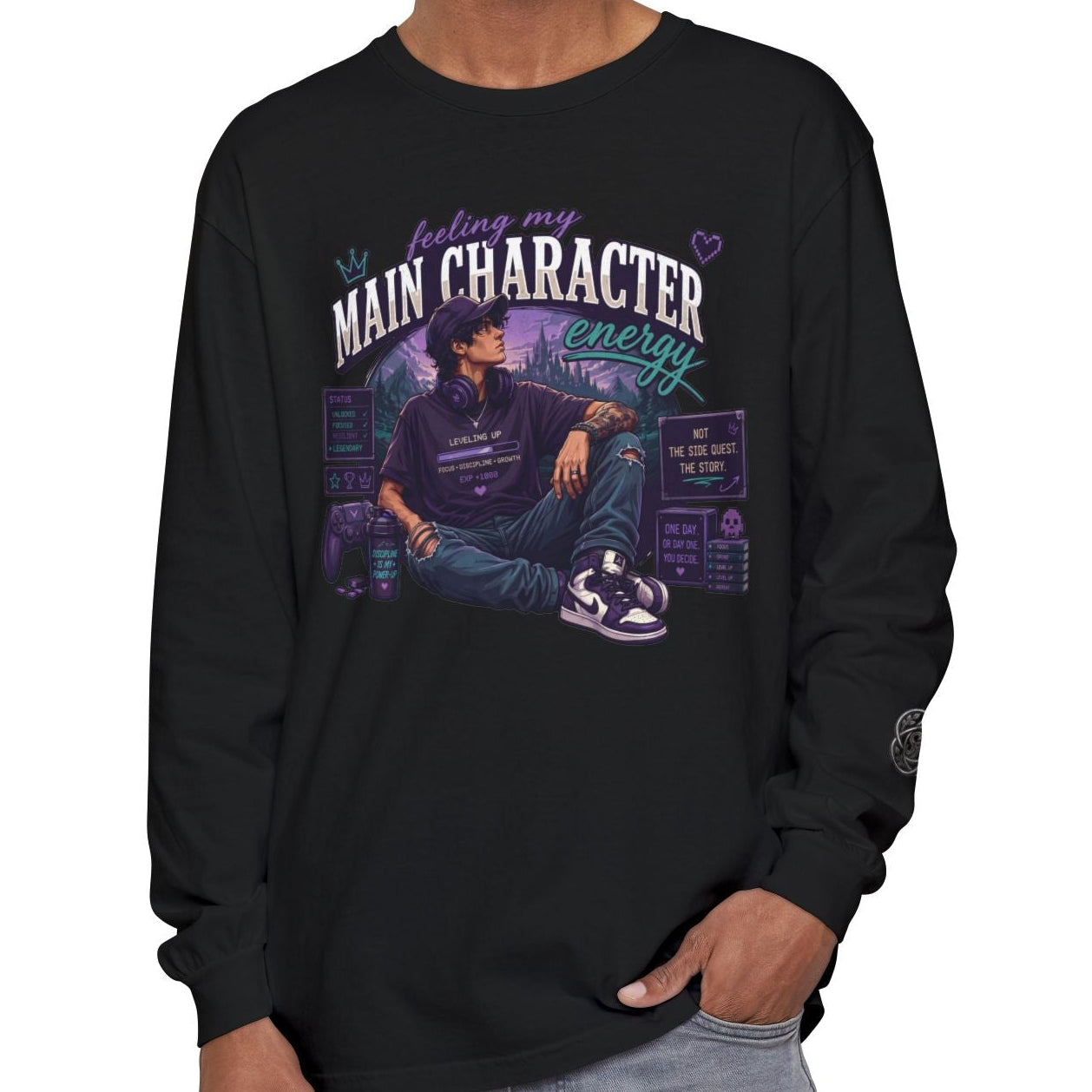Feeling My Main Character Energy Long Sleeve Shirt,  Guy Gamer Graphic Tee, Cozy Gaming Shirt, Unisex Streetwear, Motivational Gaming Gift