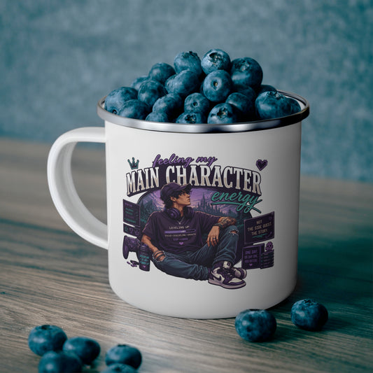 Enamel Camping Mug — "Feeling My Main Character Energy" Guy Graphic