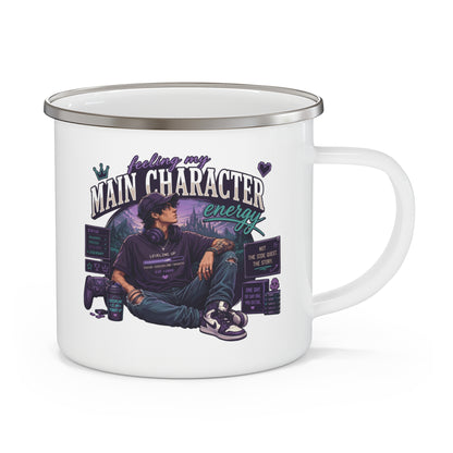 Enamel Camping Mug — "Feeling My Main Character Energy" Guy Graphic