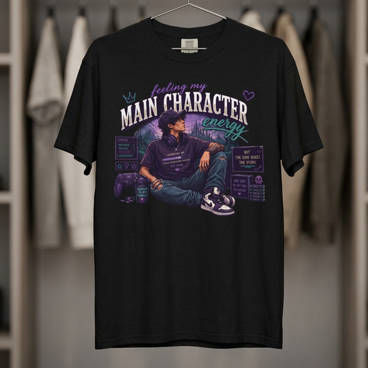 Feeling My Main Character Energy, Anime Guy, Cozy Gamer Tee, Comfort Colors 1717, Vintage Fit, RPG Motivation Shirt, Gaming Gift
