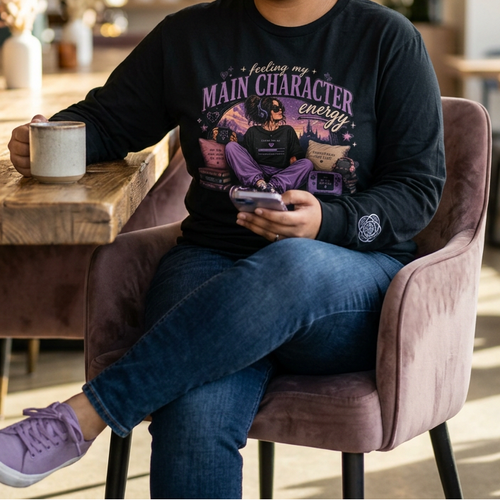 Feeling My Main Character Energy Long Sleeve Shirt, Girl Gamer Graphic Tee, Cozy Gaming Shirt, Unisex Streetwear, Motivational Gaming Gift