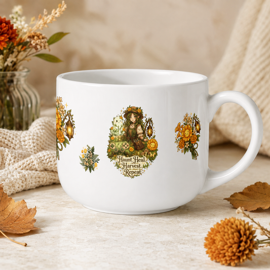 Haunt Heal Harvest Repeat 25oz Ceramic Mug | Cozy Autumn Gamer Mug, Sunflowers & Lanterns