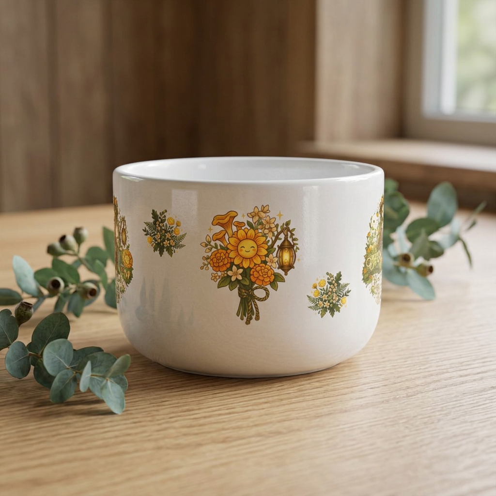 Haunt Heal Harvest Repeat 25oz Ceramic Mug | Cozy Autumn Gamer Mug, Sunflowers & Lanterns