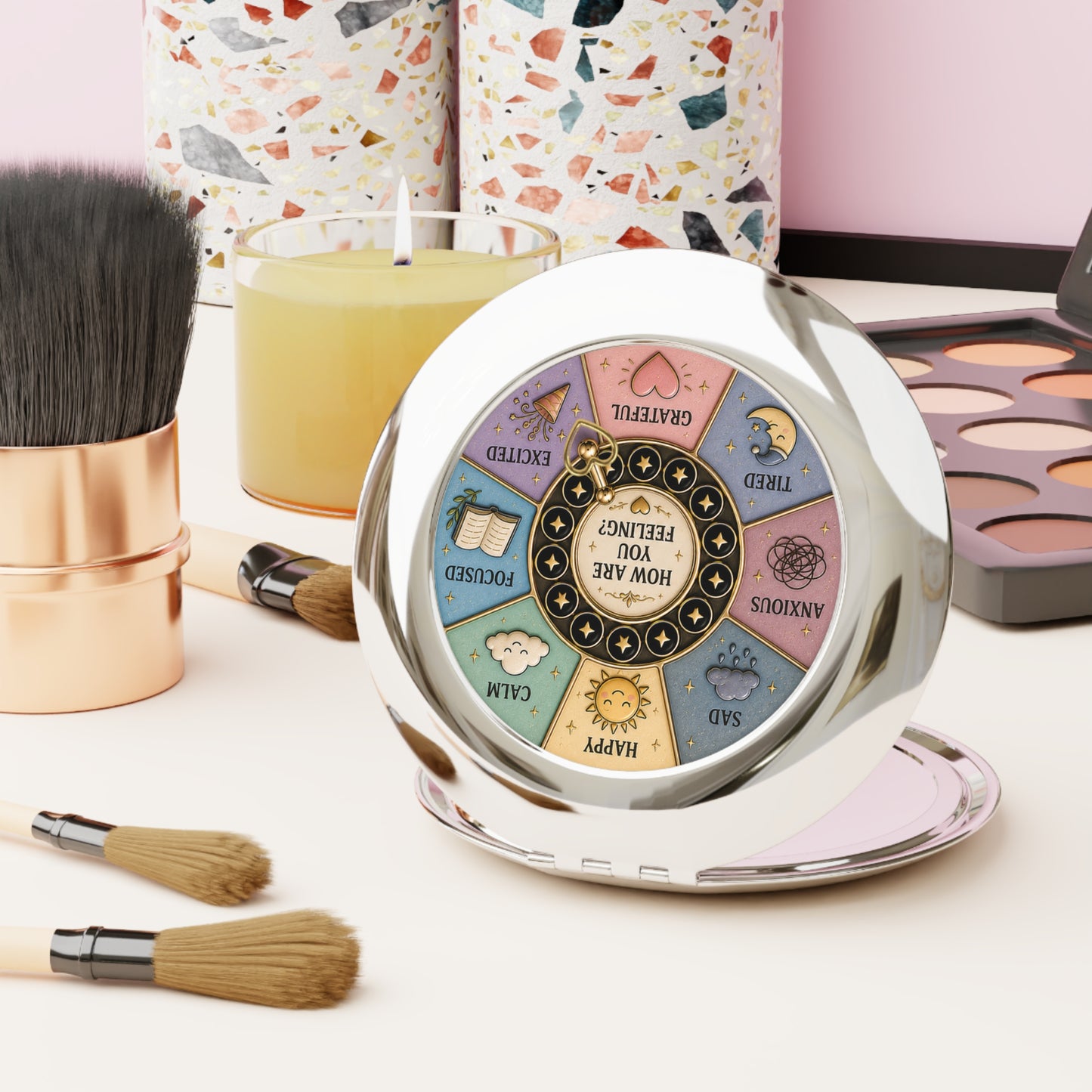 Mood Wheel Pocket Mirror | Cozy Gamer Gift | Self Care Mirror | Pastel Emotional Check-In Gift| How Are You Feeling Compact Mirror
