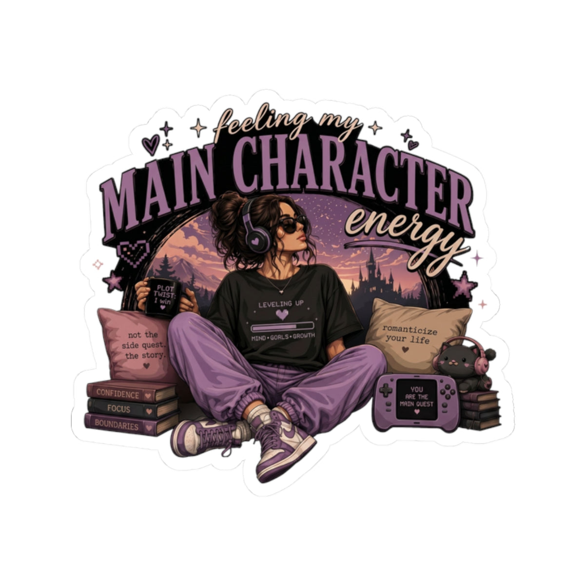 Feeling My Main Character Energy Kiss-Cut Sticker, Gamer Girl, Gamer Laptop, RPG Vinyl Decal, Gaming Water Bottle Sticker, Gamer Gift