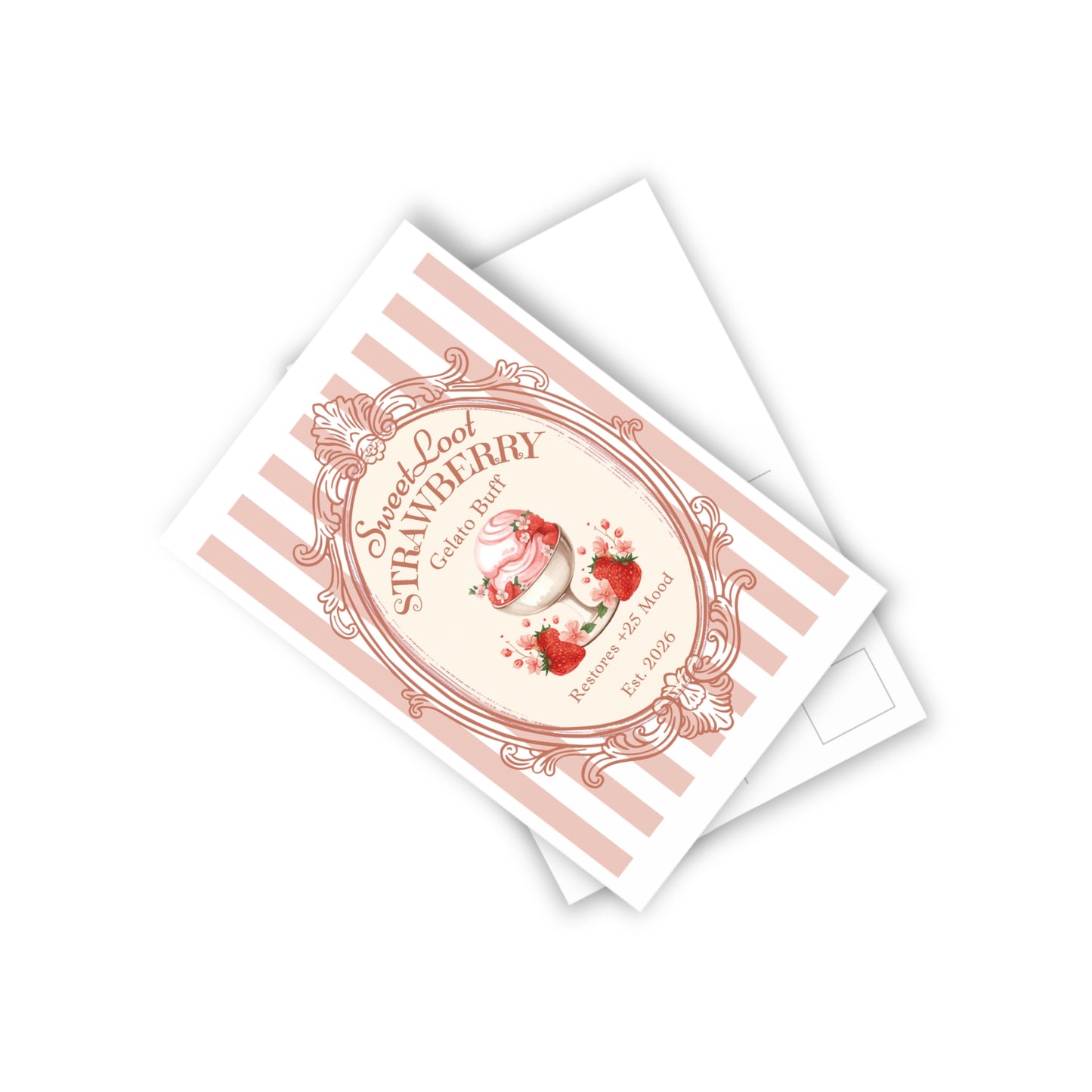 Sweet Loot Strawberry Gelato Buff Postcards, Gamer Food Stationery,