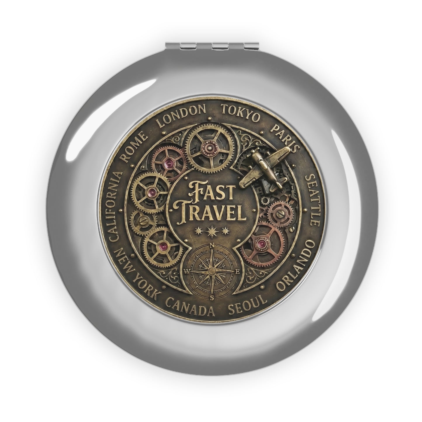 Fast Travel Destination Selector Compact Mirror | Steampunk Gamer Travel Mirror | RPG Inspired Pocket Mirror