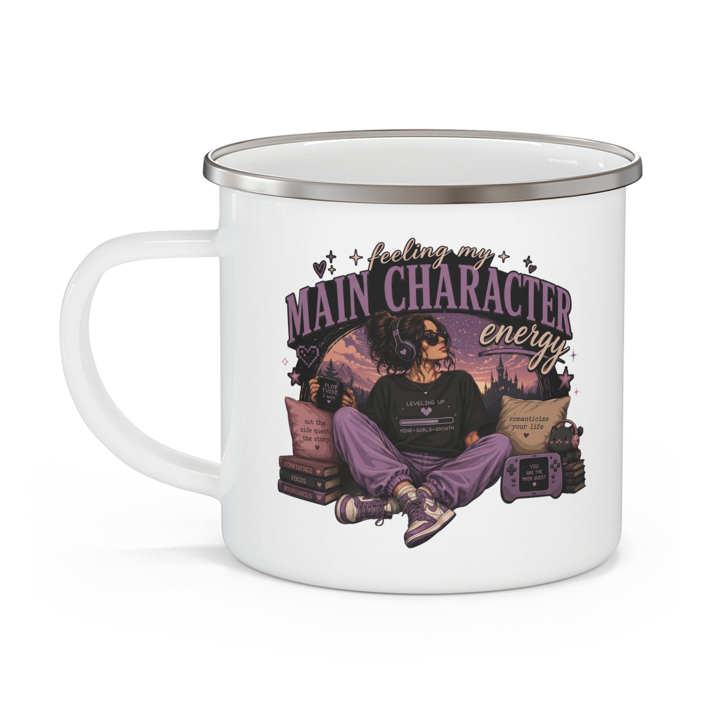 Enamel Camping Mug — "Feeling My Main Character Energy" Female Graphic