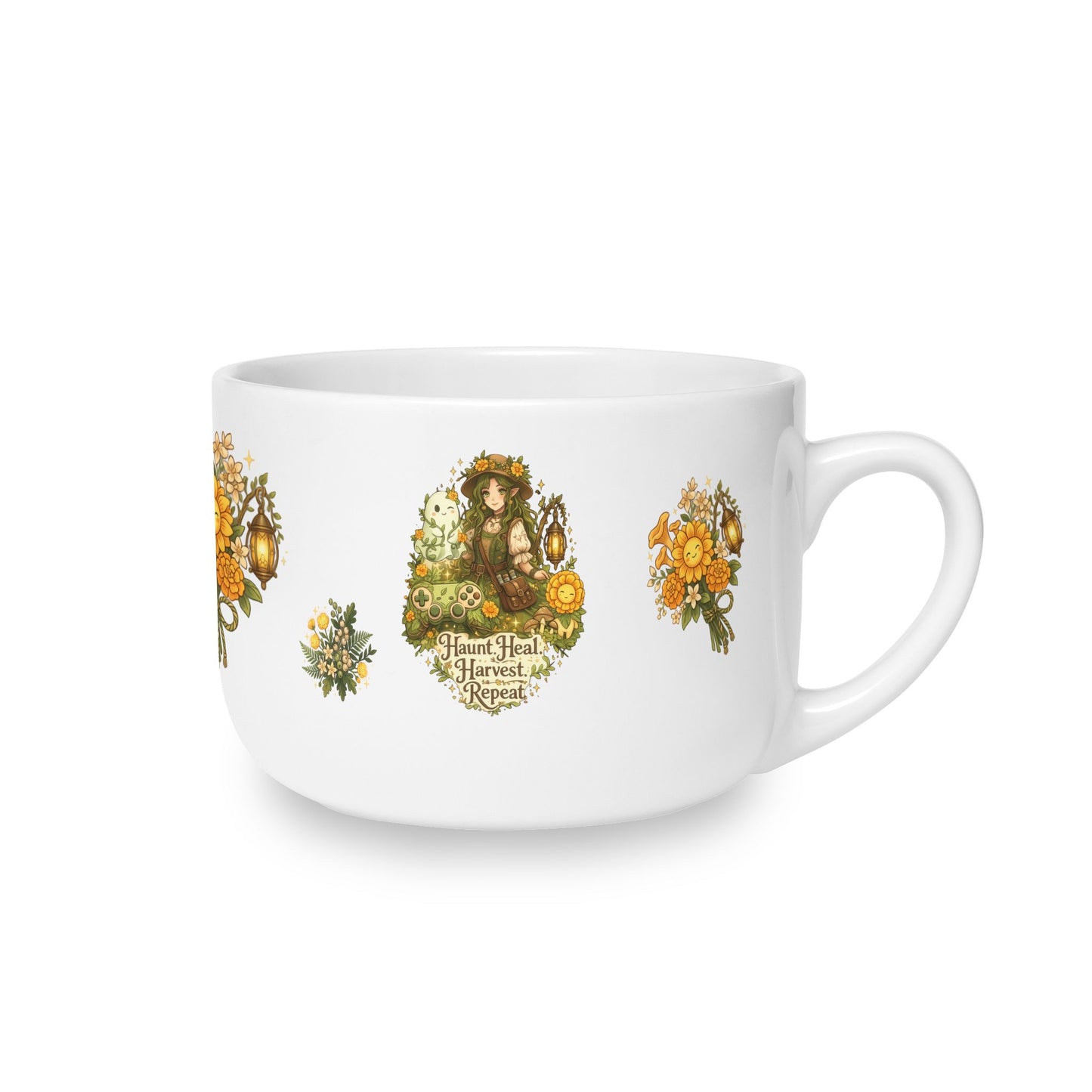 Haunt Heal Harvest Repeat 25oz Ceramic Mug | Cozy Autumn Gamer Mug, Sunflowers & Lanterns