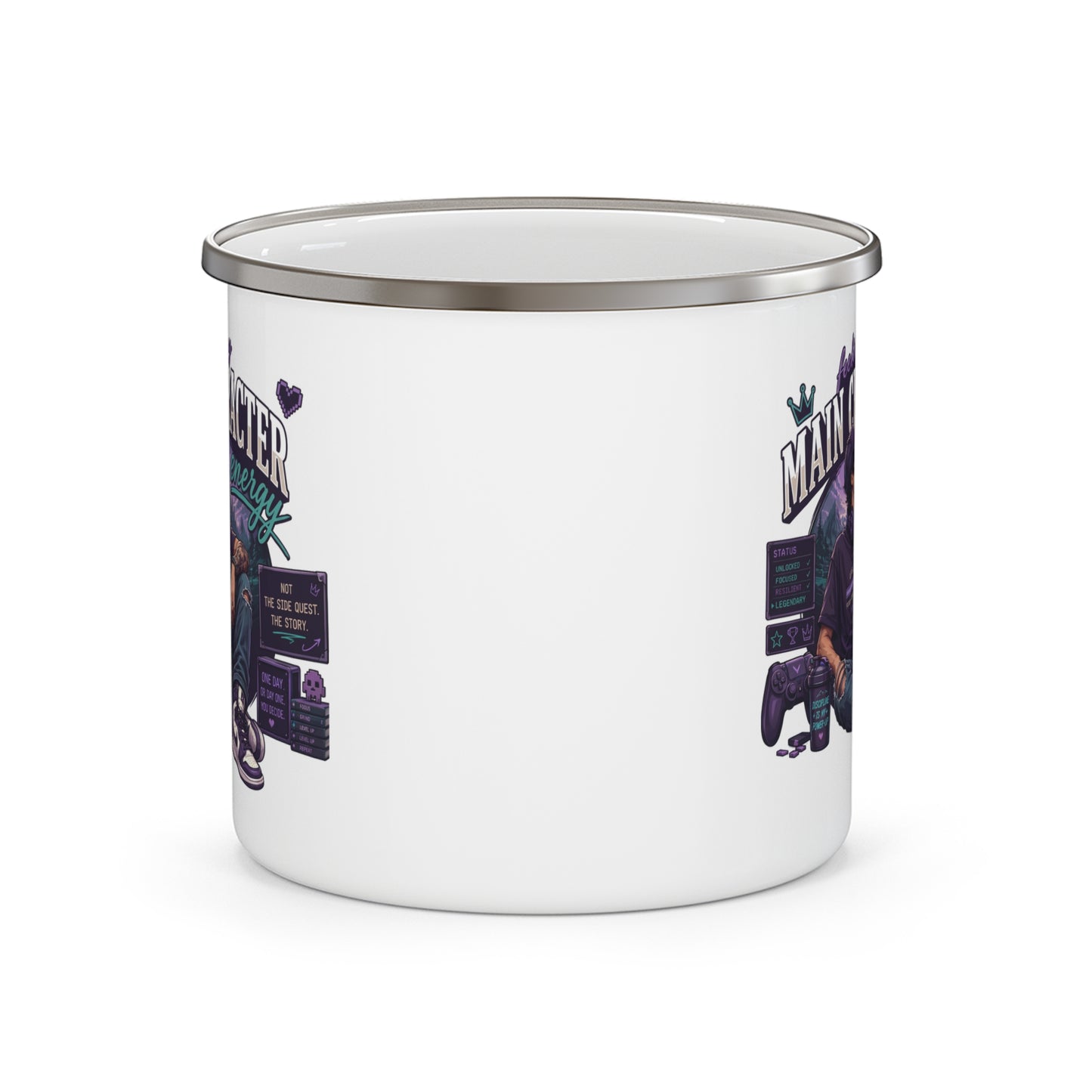Enamel Camping Mug — "Feeling My Main Character Energy" Guy Graphic