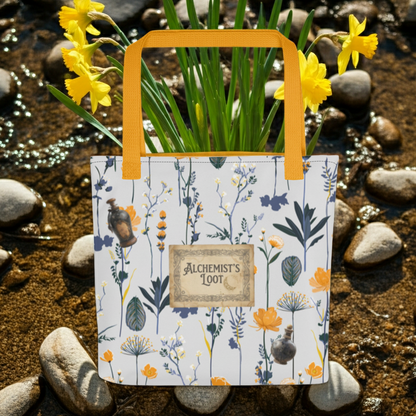Alchemist’s Loot Botanical Tote Bag, Witchy Apothecary Floral Print, Cozy Gamer Carryall