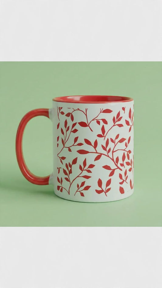 Dainty Ruscus Floral Mug, 11oz 15oz Ceramic Coffee Mug with Color Inside, Red & Black Gamer Aesthetic, Minimalist Botanical Gift, Cyber-Luxe Desk Accessory