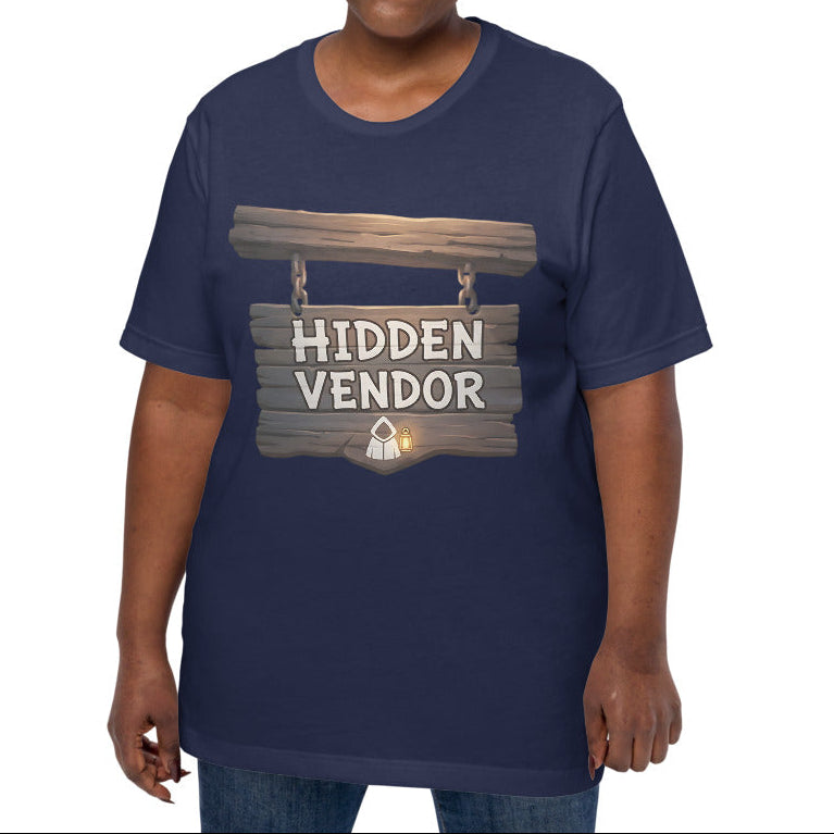 Person wearing a navy blue t-shirt with 'Hidden Vendor' graphic on a white background